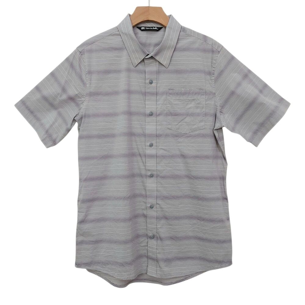 Travis Mathew Casual Shirt vMens Medium Gray Striped Lightweight Short Sleeve